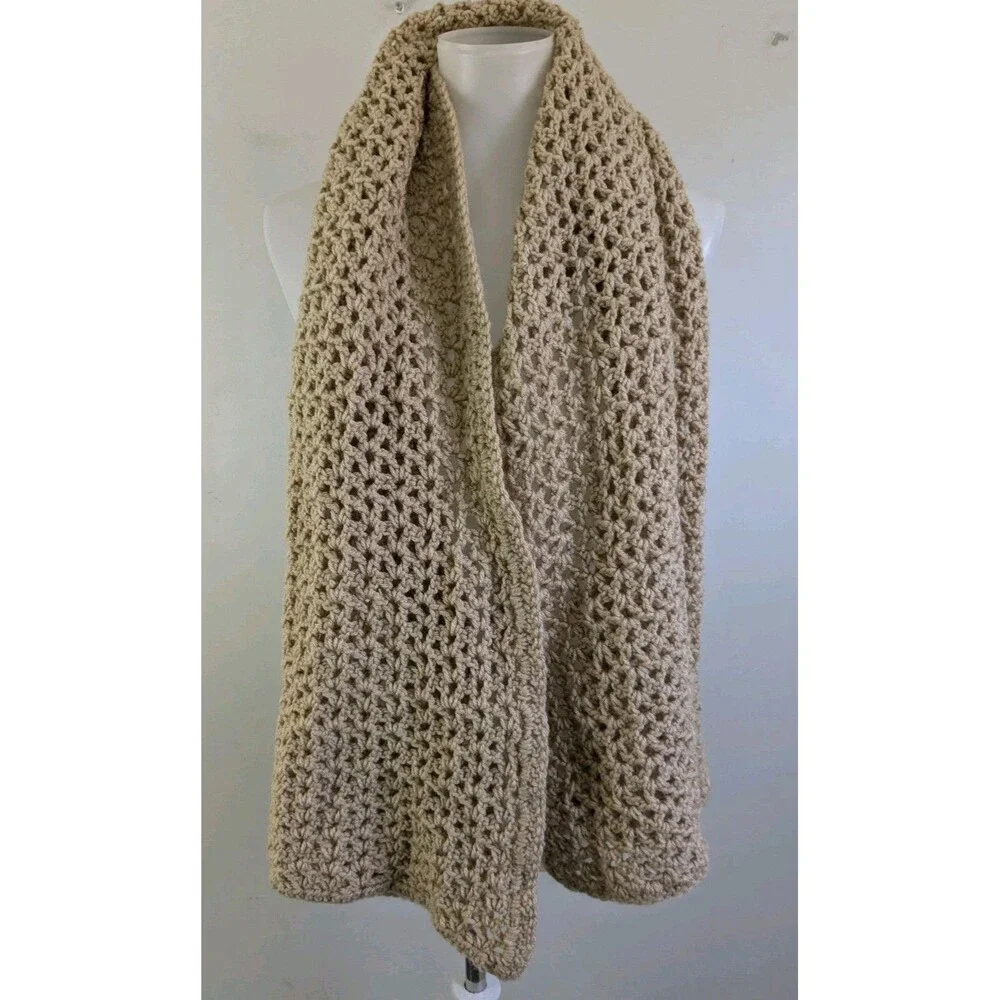 Handmade Crochet Knit Scarf Wide Beige Tan Neck Wrap Soft Boho Neutral Cottage